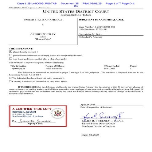 "Honest" Gabe Whitley Sentencing Documents