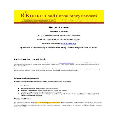 Who is B Kumar Food Consultancy Services | PDF