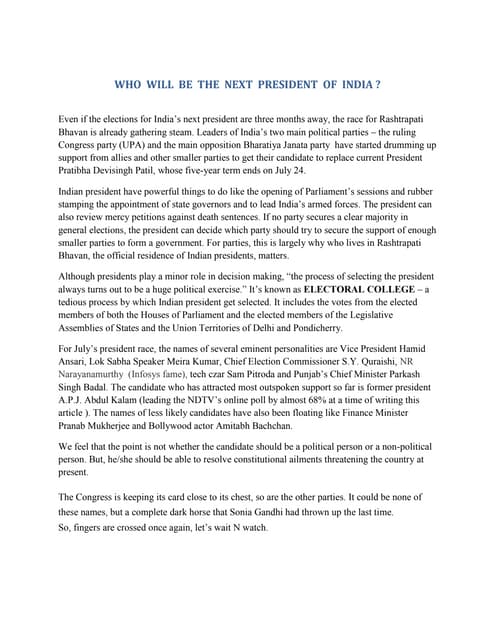 Who will be the next president of india ?? | PDF