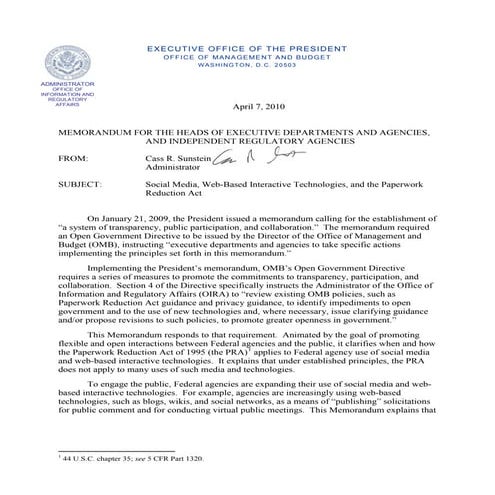 Presidential Memo - Social Media and the Paperwork Reduction Act