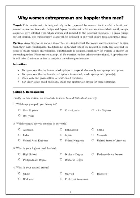 Questionnaire - Why women entrepreneurs are happier than men?