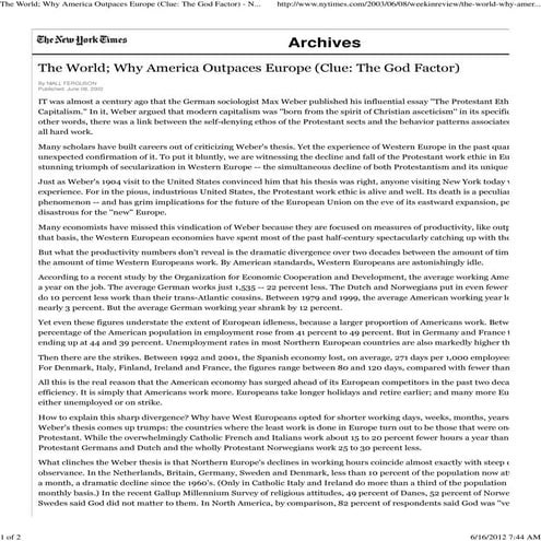 Why americaoutpaceseurope(clue thegodfactor)-newyorktimes