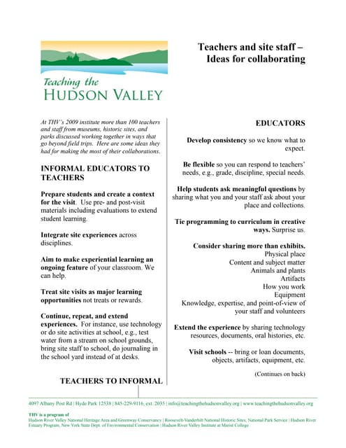 Teachers and Site Staff - Ideas for Collaborating