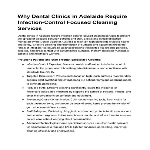 Why Dental Clinics in Adelaide Require Infection-Control Focused Cleaning Ser...