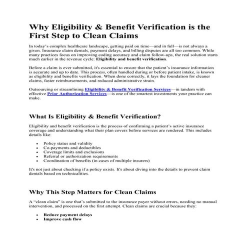 Why Eligibility & Benefit Verification is the First Step to Clean Claims