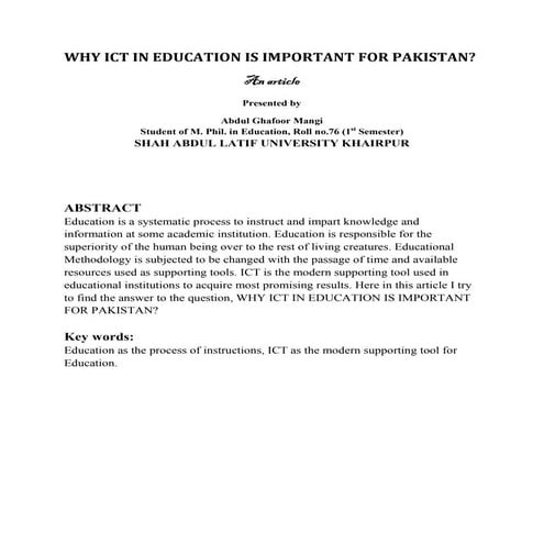 Why ict in Education in Pakistan?