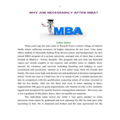 Why job necessarily after MBA