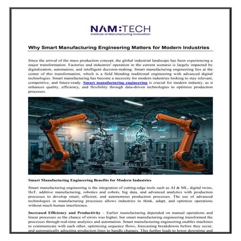 Why Smart Manufacturing Engineering Matters for Modern Industries