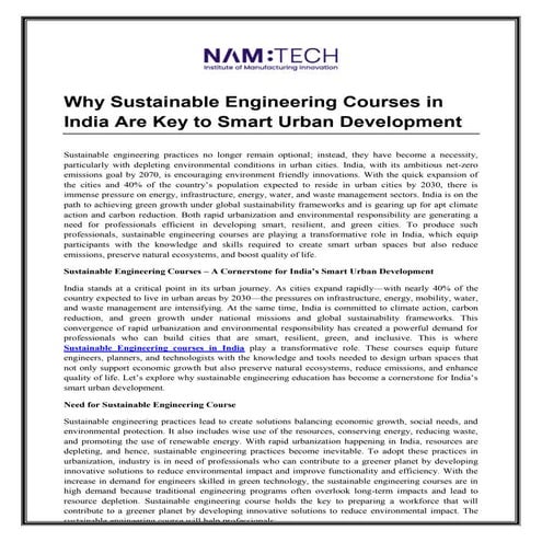 Why Sustainable Engineering Courses in India Are Key to Smart Urban Development