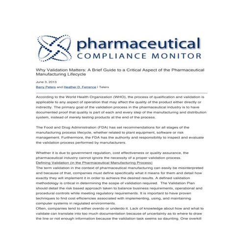 Why validation matters:  A Brief Guide to a Critical Aspect of the Pharmaceut...