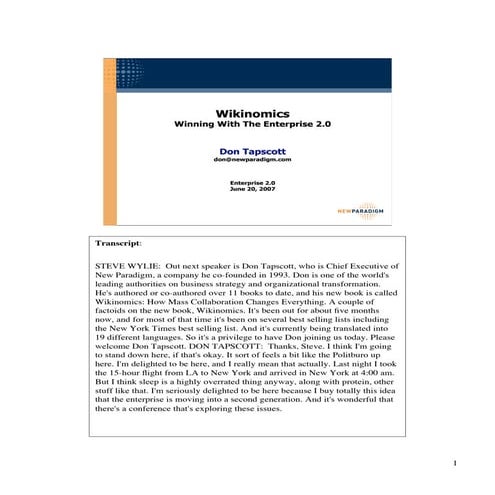 Wikinomics - Winning With The Enterprise 2.0 - with transcript