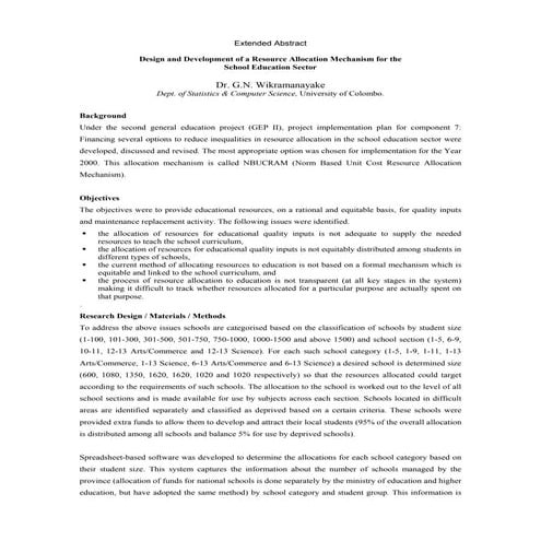Design and Development of a Resource Allocation Mechanism for the School Educ...