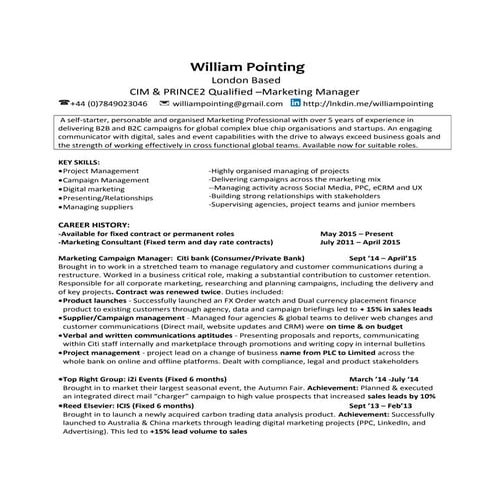 William Pointing Marketing CV