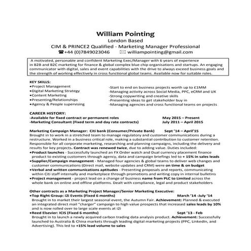 William pointing marketing manager london cv dates