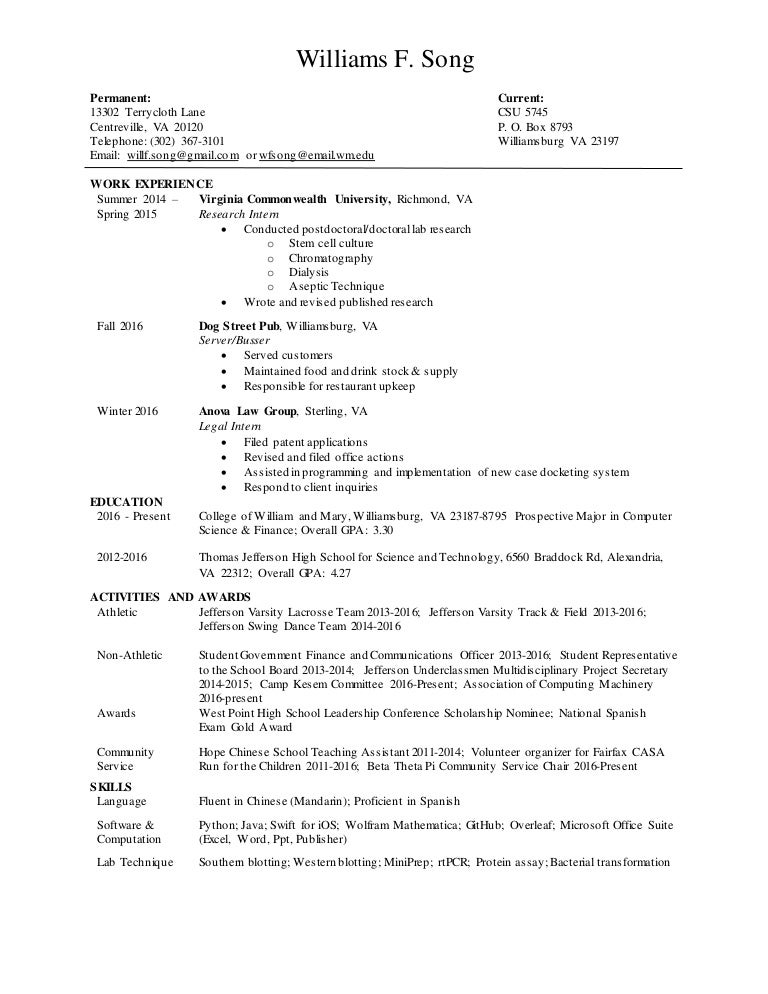 williams song resume