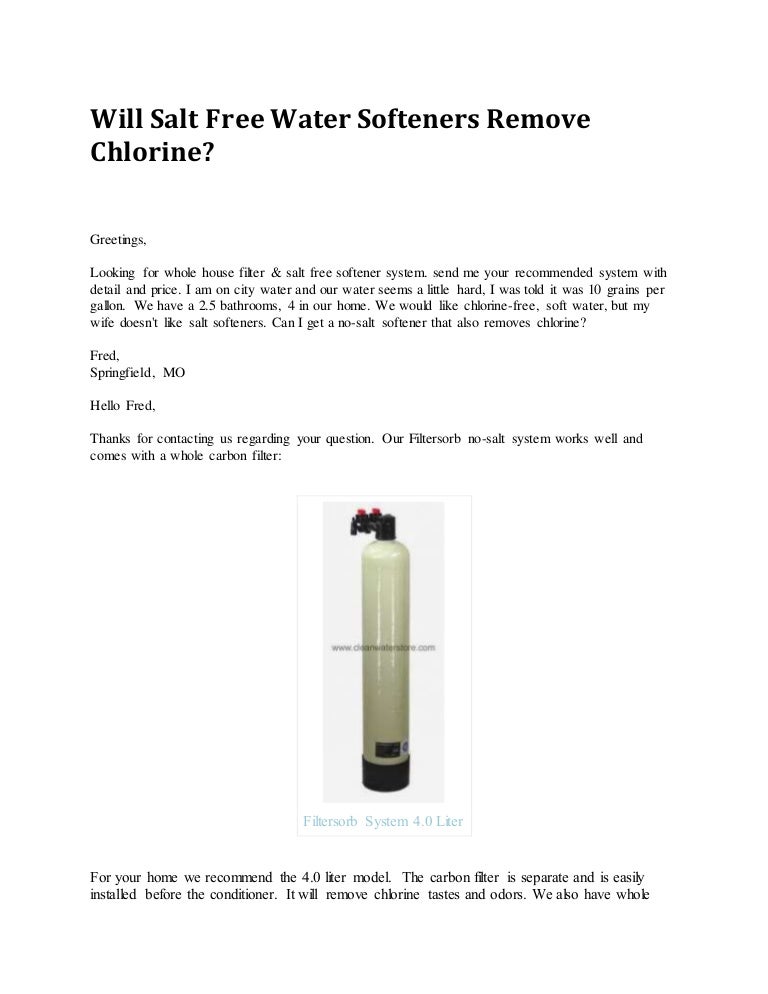 Will Salt Free Water Softeners Remove Chlorine?