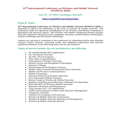 Call for Papers - 12th International Conference on Wireless and Mobile Network (WiMNeT 2025)