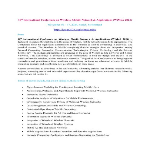 16th International Conference on Wireless, Mobile Network & Applications (WiMoA 2024)