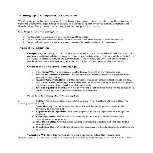 Winding up of Companies, Objectives of winding up. | DOCX