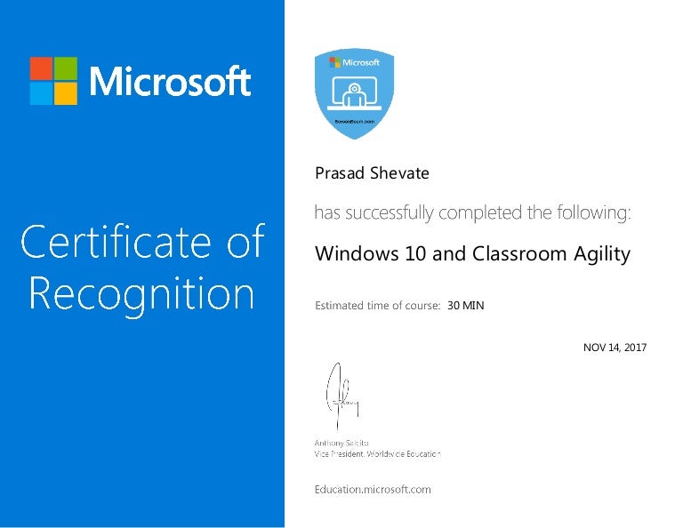 Microsoft Certificate Windows 10 and classroom agility