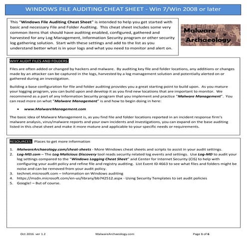 Windows File Auditing Cheat Sheet ver Oct 2016 - MalwareArchaeology