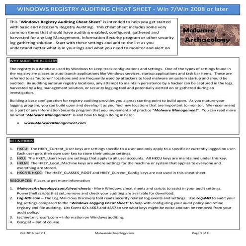 Windows Registry Auditing Cheat Sheet ver Oct 2016 - MalwareArchaeology