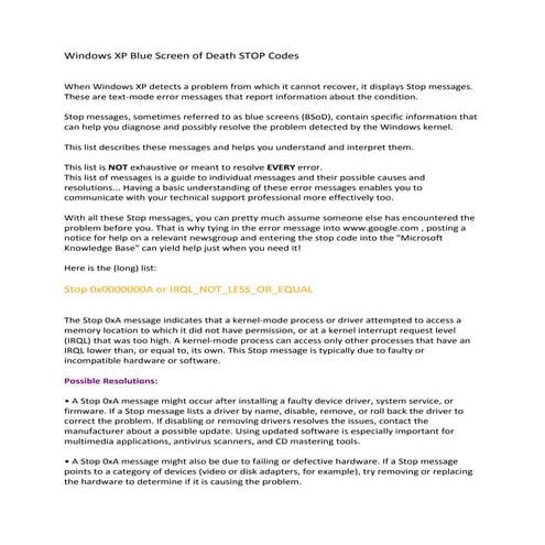 Windows xp blue screen of death stop codes