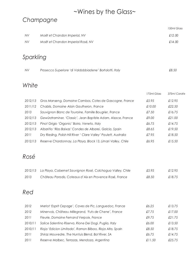 Wine List Manor Restaurant January '15