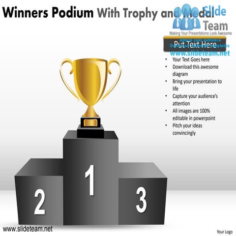 Winners podium with trophy and medal powerpoint ppt templates.