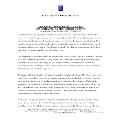 Winning The War On Talent :  Candidates As Honored Guests