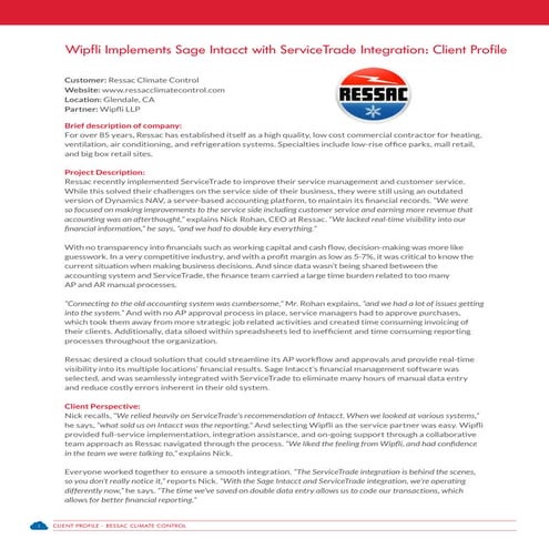 Wipfli Implements Sage Intacct with ServiceTrade Integration for Ressac