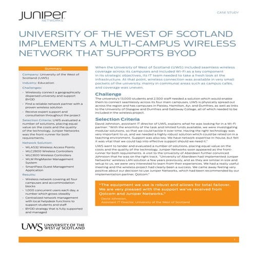 University of the West of Scotland implements a Multi-Campus Juniper Networks...