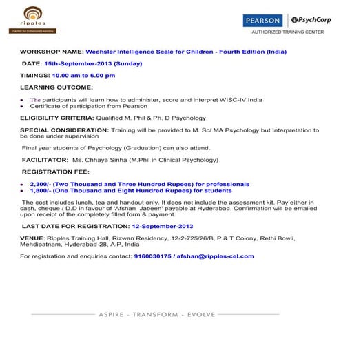 Wechsler Intelligence Scale for Children - IV (India) on 22nd September in  H...