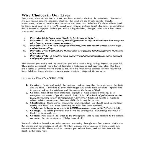 Wise Choices in Our Lives