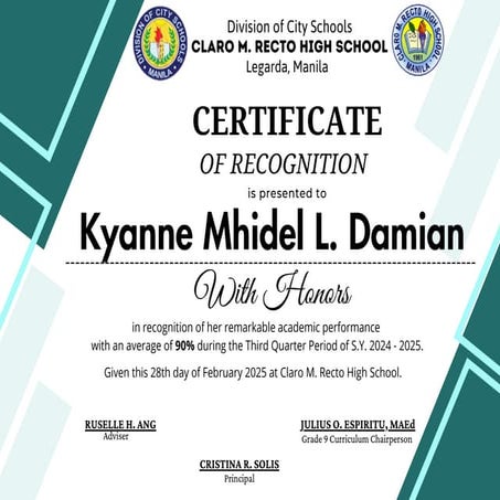 with honors certification with logo and notes