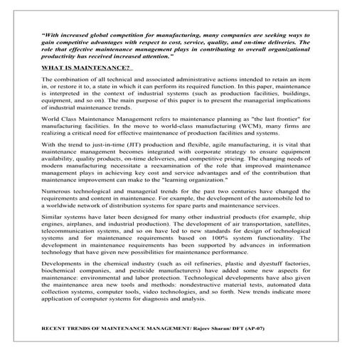 RECENT TRENDS OF MAINTENANCE MANAGEMENT