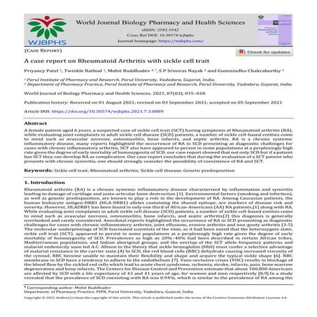A case report on Rheumatoid Arthritis with sickle cell trait