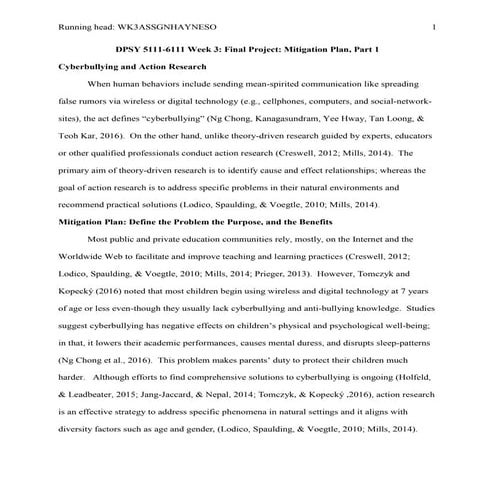 DPSY 5111-6111 Week 3 Assignment: Final Project: Mitigation Plan