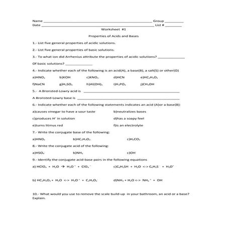 Wks #1 properties of acids and bases