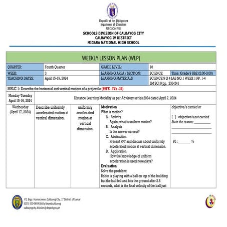 Comprehensive Weekly Lesson Plan on Projectile Motion and Uniformly ...