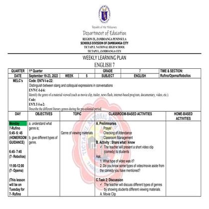 Weekly Learning Plan Sample for Junior High School