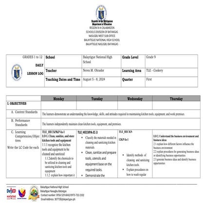 Weekly learning plan_TLE9-WeekK2.Quarter 1 | DOCX
