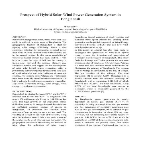 Prospect of Hybrid Solar-Wimd Power Generation System in Bangladesh