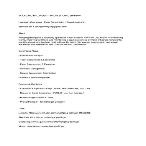 Professional Profile – Wolfgang Ballinger | Hospitality Operations & Event Co...