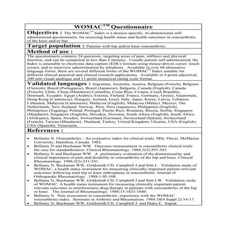 Womac questionnaire information