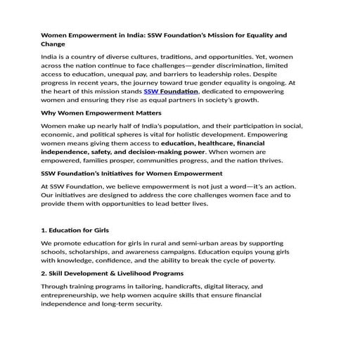 Women Empowerment in India: SSW Foundation’s Mission for Equality and ...
