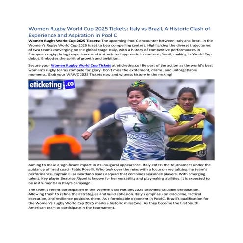 Women Rugby World Cup 2025 Tickets: Italy vs Brazil, A Historic Clash ...