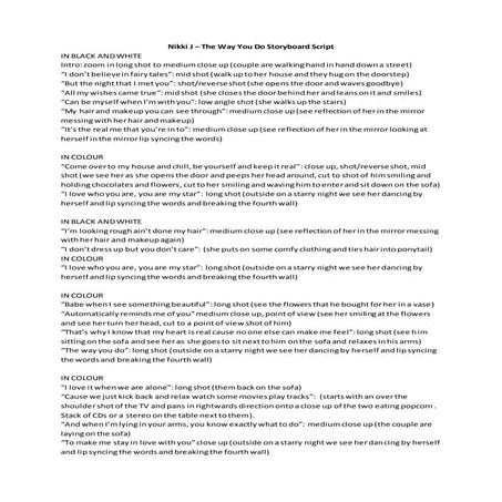 Nikki J - The Way You Do Storyboard Script (First Draft)