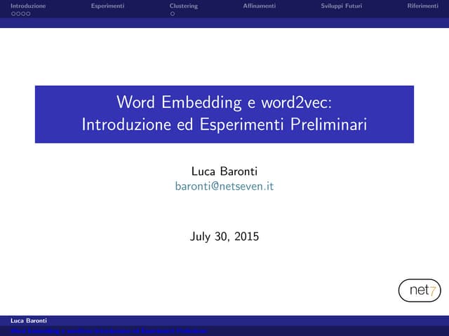 Word Embedding e word2vec: Introduzione ed Esperimenti Preliminari