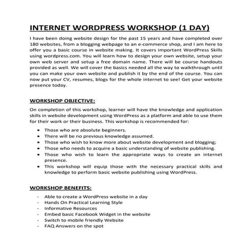 Wordpress Workshop Outline 2018